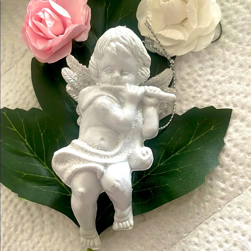 White Angel Cherub Figurine Flute Sparkling Christmas Ornament 4.25”
